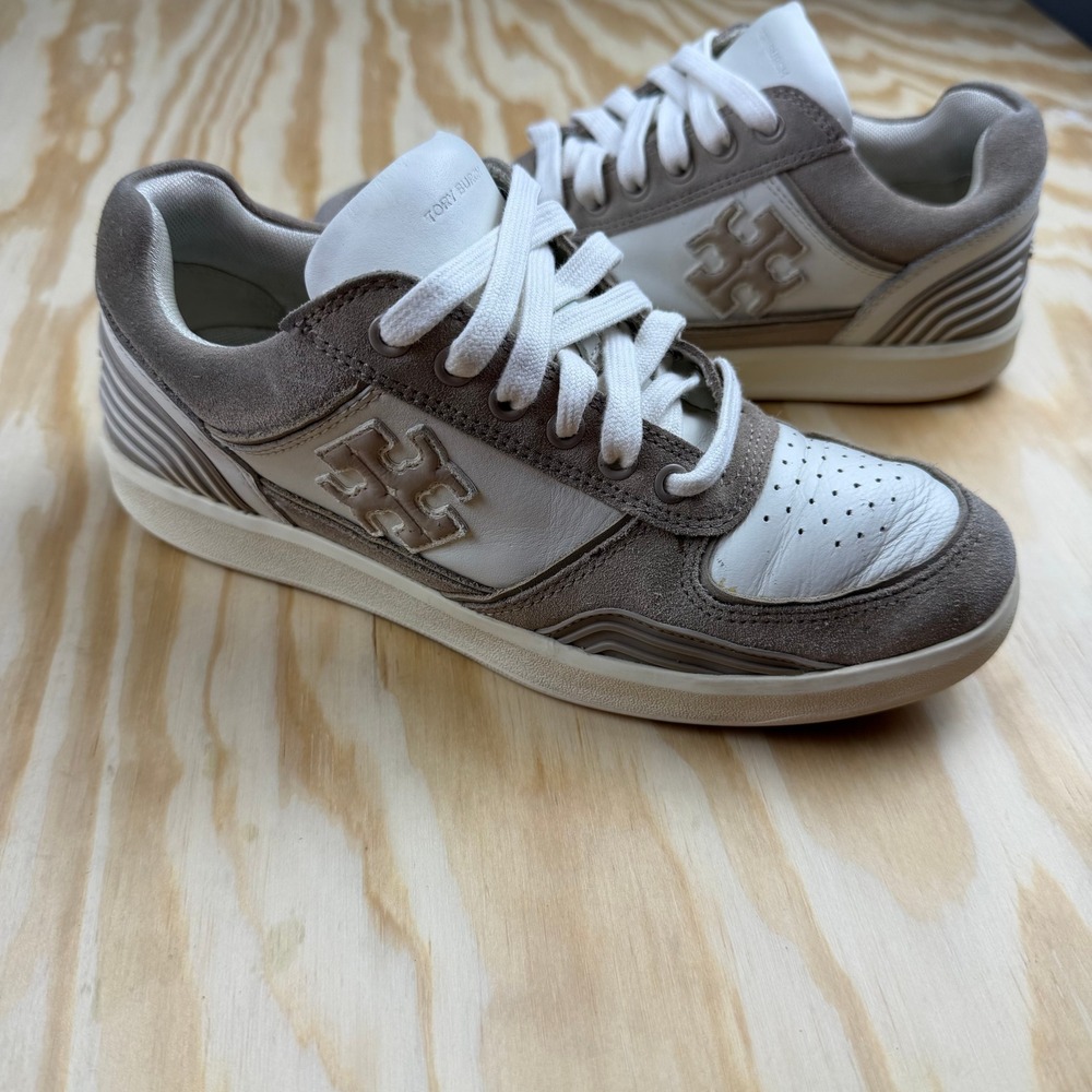Tory Burch Court Sneakers White Grey Leather Suede Double T Logo 5M 155626